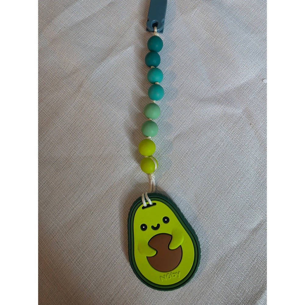 Nuby Avocado Silicone Teether with Beaded Clip On Strap Green Teal